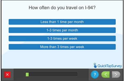Questionnaire screen - How often do you travel on I-94?