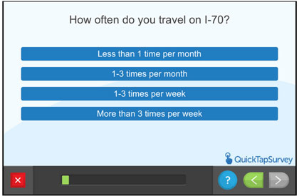 Questionnaire screen - How often do you travel on  I-70?