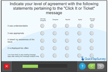 Questionnaire screen - Indicate your level of agreement with the following statements pertaining to the 'Click It Or Ticket' message