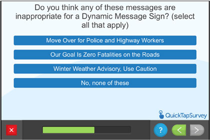 Questionnaire screen - Do you think any of these messages are inappropriate for a Dynamic Message Sign?