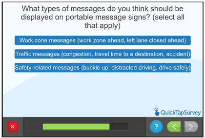 Questionnaire screen - What type of messages do you think should be displayed on portable message signs?