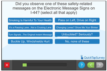 Questionnaire screen - Did you observe one of these safety-related messages on the Dynamic Message Signs on I-44?