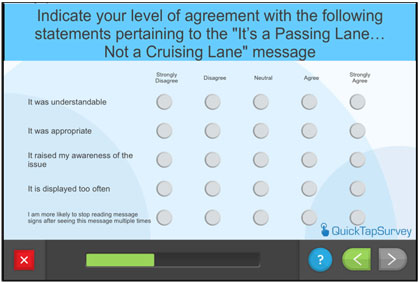 Questionnaire screen - Indicate your level of agreement with the following statements pertaining to the 'It's a Passing Lane...Not a Cruising Lane' message