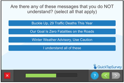 Questionnaire screen - Are there any of these messages that you do NOT understand?