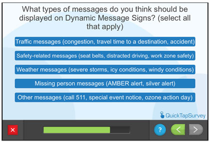 Questionnaire screen - What types of messages do you think should be displayed on Dynamic Message Signs?