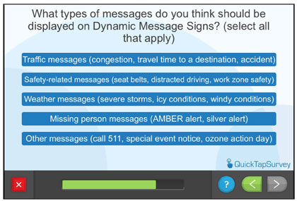 Questionnaire screen - What types of messages do you think should be displayed on Dynamic Message Signs?