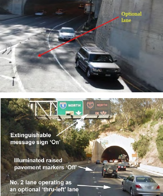 Figure 12 is a photo of ramp configuration and mainline signage for junction control in Los Angeles, California. The photo illustrates a road going into a tunnel. Above the road is a sign board that says north. Next to the sign is an extinguishable message sign 'On'. On the road are illuminated raised pavement markers 'off'. The second lane operates as an optional 'thru-left' lane.