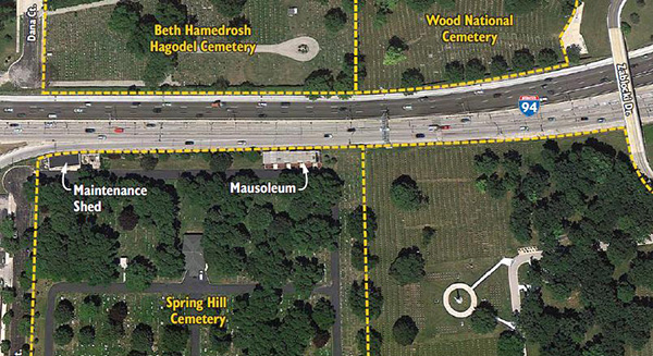 Figure 8 is a picture of Milwaukee, Wisconsin. It has highway 94 running through the center. North of the highway is the Beth Hamedrosh Hagodel Cemetery. East of this cemetery is the Wood National Cemetery. South of highway 94 is the maintenance shed, the Mausoleum, and the spring hill cemetery.