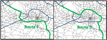 Figure 3. Map showing the routes around Raleigh used for comparing travel times to travel from the south side of Raleigh to the northwest via the south side and north side of the city, respectively, predicted to observed.