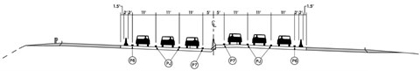 Figure E-3. Diagram depicting the typical cross-section of the project, which includes three 11-foot lanes in each direction.