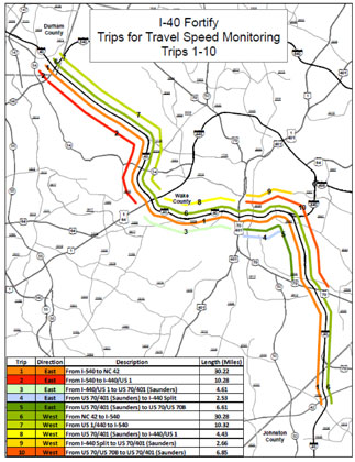 Figure E-6. Map showing route trip travel times along I-40 via the south Raleigh beltway that were monitored during construction in areas 1 and 2.