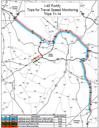 Figure E-7. Map showing route trip travel times along I-440 via the north Raleigh beltway that were monitored during construction in area 3.