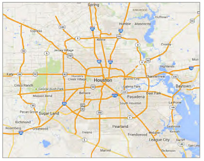 This image shows a high-level map (major roads only) of the Houston metropolitan area.