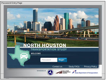 This image shows the password entry webpage.  It contains a photograph of the Houston skyline, with a graphic of the state of Texas and the name of the study (North Houston Transportation Study).  It has a place for the password to be entered next to a 'Begin' button.  Logos for USDOT, Texas A and M Transportation Institute, and Texas Department of Transportation are at the bottom.