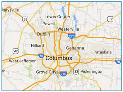 This image shows a high-level map (major roads only) of the Columbus metropolitan area.