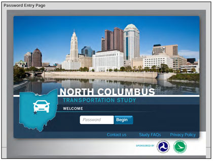 This image shows the password entry webpage.  It contains a photograph of the Columbus skyline, with a graphic of the state of Ohio and the name of the study (North Columbus Transportation Study).  It has a place for the password to be entered next to a 'Begin' button.  Logos for USDOT and Ohio Department of Transportation are at the bottom.