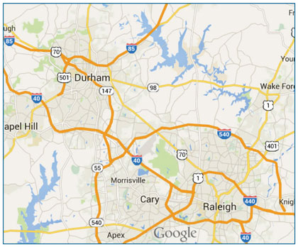 This image shows a high-level map (major roads only) of the Raleigh-Durham metropolitan area.