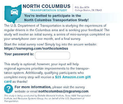 This image shows the back of the recruitment postcard mailed to potential participants.  It briefly states the purpose for the study and provides a URL and password for taking the initial survey.