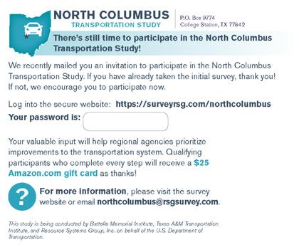 This image shows the back of the reminder recruitment postcard mailed to potential participants.  It briefly states the purpose for the study and provides a URL and password for taking the initial survey.
