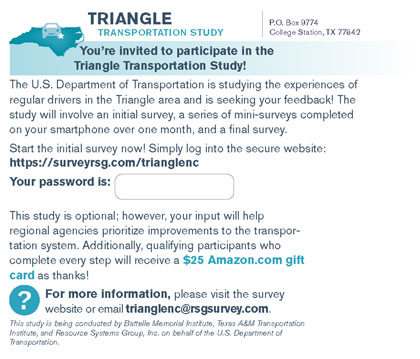 This image shows the back of the recruitment postcard mailed to potential participants.  It briefly states the purpose for the study and provides a URL and password for taking the initial survey.