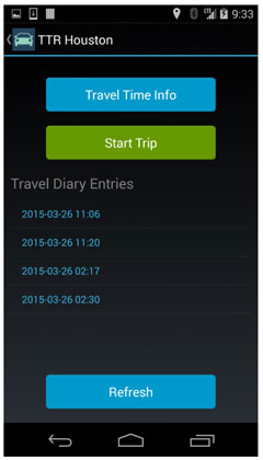 Figure 17.  This figure presents a screen shot of the mobile application home screen for Phase 2.  Travel diary entries (coded by date/time stamps) are listed, along with a Refresh button at the bottom and a Start Trip button and Travel Time Info button at the top.