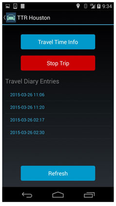Figure 18.  This figure presents a screen shot of the mobile application screen while a trip is in progress for Phase 2.  Travel diary entries (coded by date/time stamps) are listed, along with a Refresh button at the bottom and a Stop Trip button and Travel Time Info button at the top.