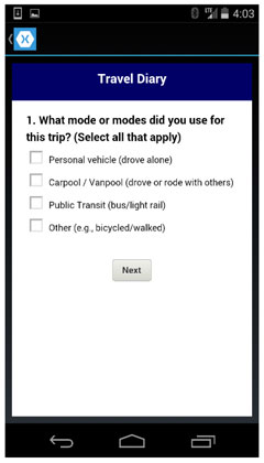 Figure 21.  This figure presents a screen shot of the mobile application travel diary screen (question 1).  The question is listed and four possible answers are presented for the user to select.