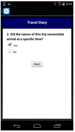 Figure 22.  This figure presents a screen shot of the mobile application travel diary screen (question 2).  The question is listed and two possible answers are presented for the user to select.
