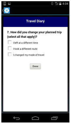 Figure 23.  This figure presents a screen shot of the mobile application travel diary screen (question 7).  The question is listed and three possible answers are presented for the user to select.