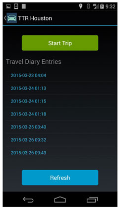 Figure 7.  This figure presents a screen shot of the mobile application home screen for Phase 1.  Travel diary entries (coded by date/time stamps) are listed, along with a Refresh button at the bottom and a Start Trip button at the top.