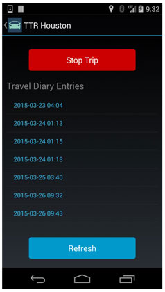 Figure 8.  This figure presents a screen shot of the mobile application screen while a trip is in progress for Phase 1.  Travel diary entries (coded by date/time stamps) are listed, along with a Refresh button at the bottom and a Stop Trip button at the top.