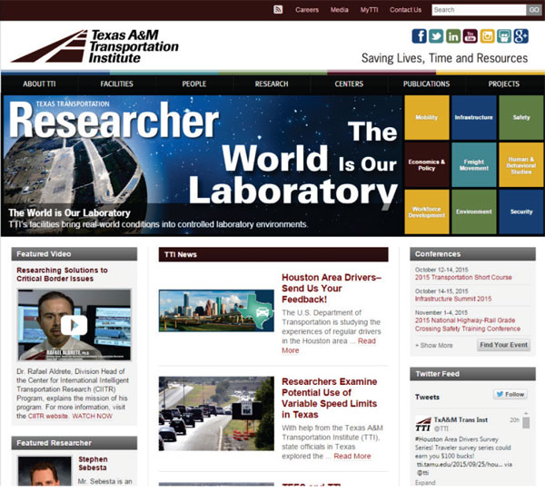 This image shows the screenshot of the Texas A and M Transportation Institute homepage, including a news item about the North Houston Transportation Study.