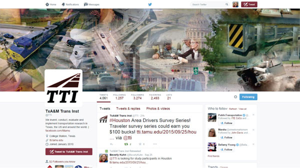This image shows the screenshot of the Twitter page of the Texas A and M Transportation Institute, including a tweet about recruiting participants for the North Houston Transportation Study.