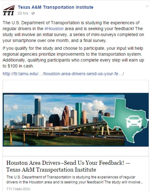This image shows the screenshot of the Texas A and M Transportation Institute Facebook post that provides recruitment information for the North Houston Transportation Study.