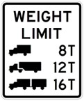 White road sign with black lettering.  Weight Limit.  A small truck with 8T beside it.  Then a large truck with trailer with 12T beside it.  Then a truck with a double trailer with 16T beside it.