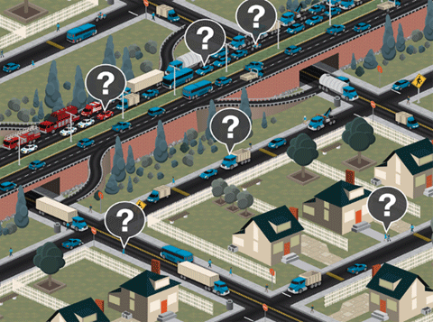Figure 17 shows an example illustration of reconciling perception and observation. The illustration is of a congested highway and arterial running by a residential neighborhood. Symbols with question marks are shown above individual cars, trucks, and people to represent individual observations. The illustration is a companion to: The "Underutilization" Arterial Example.