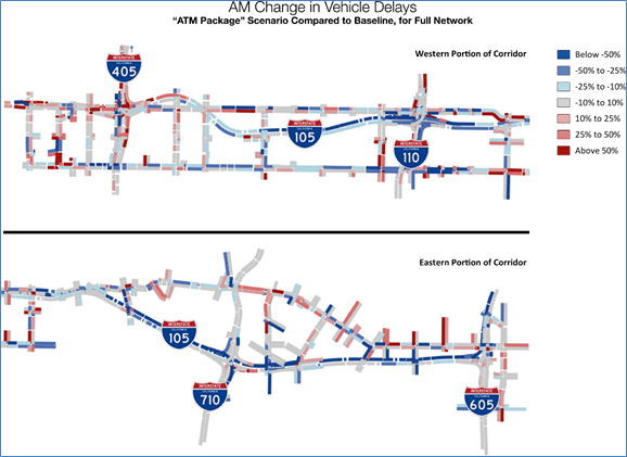 Figure 40 presents a snapshot of example comparisons of expected changes in delay, which maps a comparison of delay after a proposed intervention in relation to baseline delay. Segments of the roadway network that are expected to experience increased delay are are indicated, as well as segments that are expected to experience decreased delay.