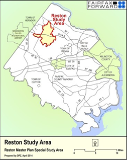 Map of Reston, Virginia, with the study area in the northwest of the city highlighted. Lines represent major roadways.