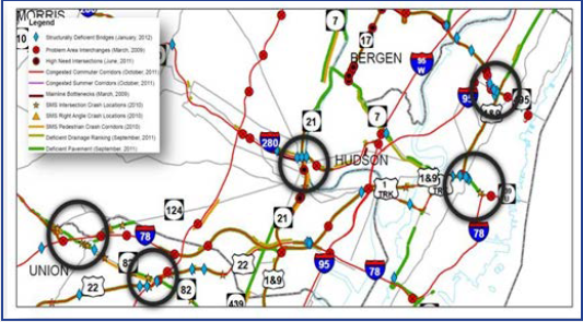 Map of New Jersey showing five areas that are candidates for using archived operations and safety data to visualize and identify candidate project areas.