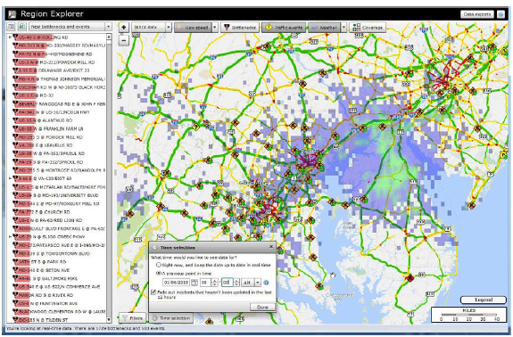 Screen capture identifies bottlenecks and events in a panel to the left and contains a map of the National Capital region to the right. The roadways on the map are color coded to indicate congestion, and a weather radar overlay shows severe weather cells in the area impacting travel.