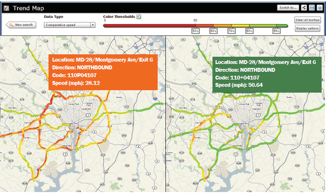 Screen capture of two versions of an interactive animated map depicting the capital beltway region. The map on the left shows conditions during a winter weather event (speeds are less than 30 mph) and the map on the right depicts conditions at the same location and time but during a standard weekday (speeds are just over 50 mph).