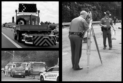 Photographs showing a work zone truck, officers surveying a crash site, a crash with emergency vehicles responding.