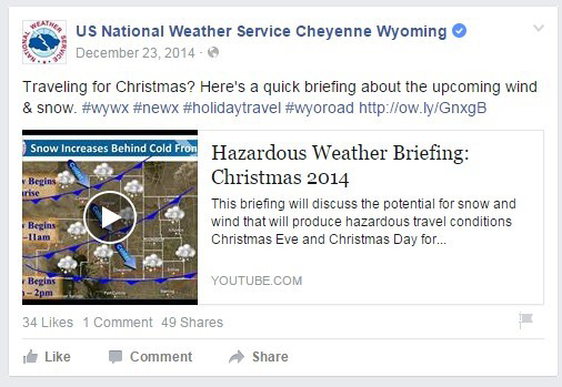 This photo is from the US NWS Cheyenne Wyoming Facebook. It reads "Traveling for Christmas? Here's a quick briefing about the upcoming wind and snow." It then shows a video of a weather forecast titled, "Hazardous Weather Briefing: Christmas 2014".