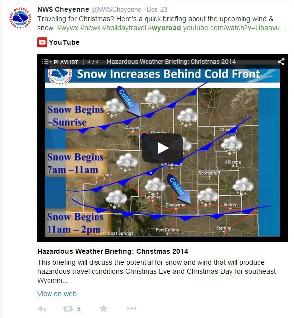 This photo is from the US NWS Cheyenne Wyoming twitter. It reads "Traveling for Christmas? Here's a quick briefing about the upcoming wind and snow." It then shows a video of a weather forecast titled, "Hazardous Weather Briefing: Christmas 2014".