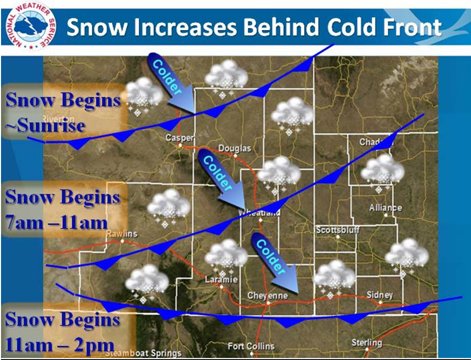 This photo is of a NWS graphic that shows a map of the Wyoming Christmas weather with snow and cold front predictions.