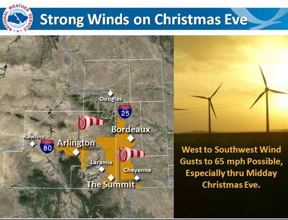 This photo is of a NWS graphic stating, "Strong Winds on Christmas Eve" with a map and and an image of wind turbines