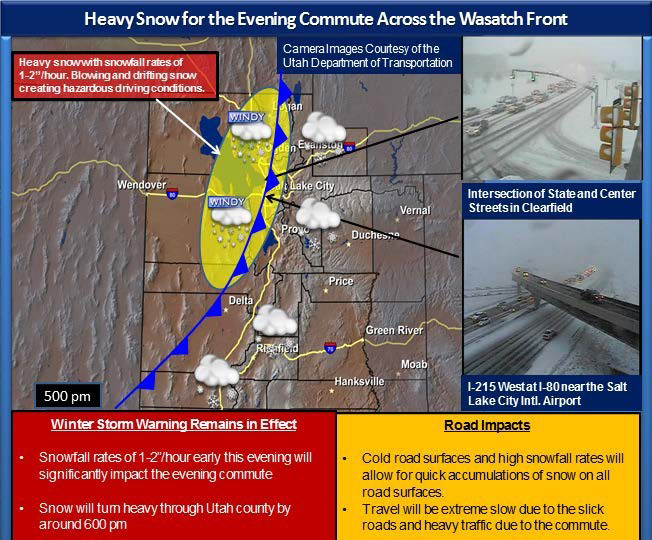 This photo shows another graphic regarding a winter weather event in Utah. It advises that there will be heavy snow during the evening commute across the Wasatch Front and provides a map of affected areas as well as pictures of hazardous snowy conditions.