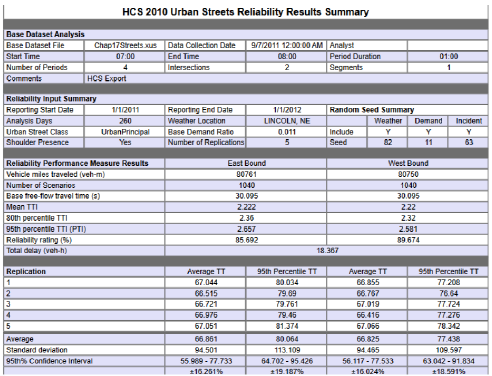 In this screen capture, a formatted report provides an overview of the results of a reliability report in a table format. The four sections in the table include a base dataset analysis, the reliability input summary, the reliability performance measure results, and the travel time results for each replication.