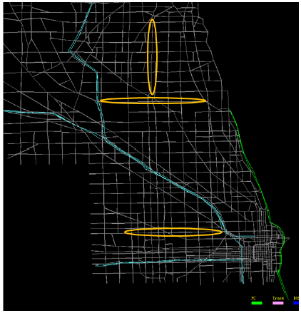 The Chicago testbed corridors (circled) within the partial city street map as illustrated by the DYNASMART modeling tool.