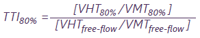 Equation. 80th percentile Travel Time Index equals the result of 80th percentile vehicle hours traveled divided by 80th percentile vehicle miles traveled divided by the result of vehicle hours traveled at free flow divided by vehicle miles traveled at free flow.